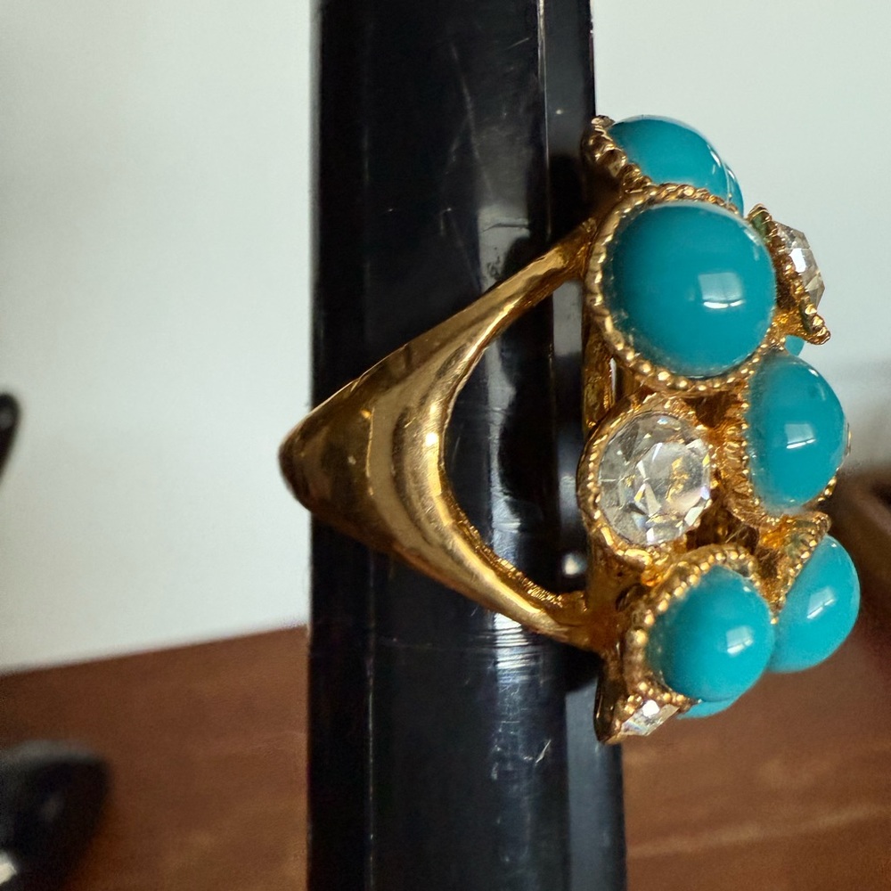 Gold tone and turquoise color costume ring - Picture 11 of 14